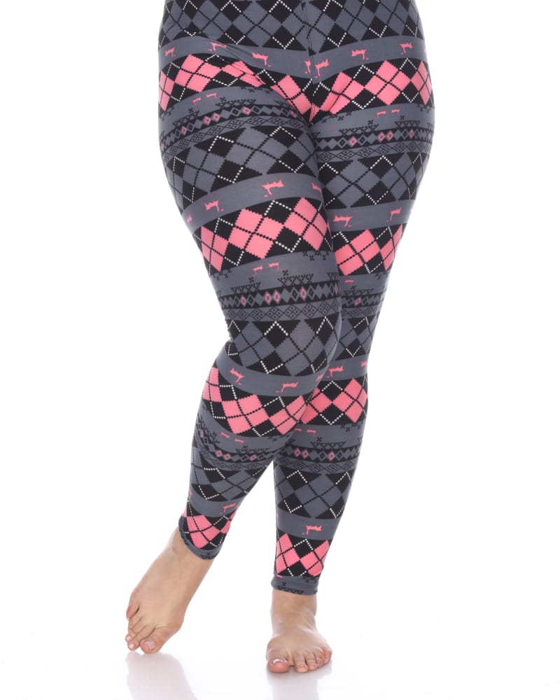 Front of a model wearing a size one-size-fits-all Two-Tone Printed Leggings in Grey Pink Argyle by White Mark. | dia_product_style_image_id:249493